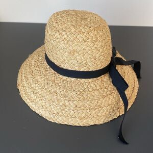 L.L. Bean Natural Straw Raffia Sun Hat Black Ribbon S/M Beach Euro Vacation